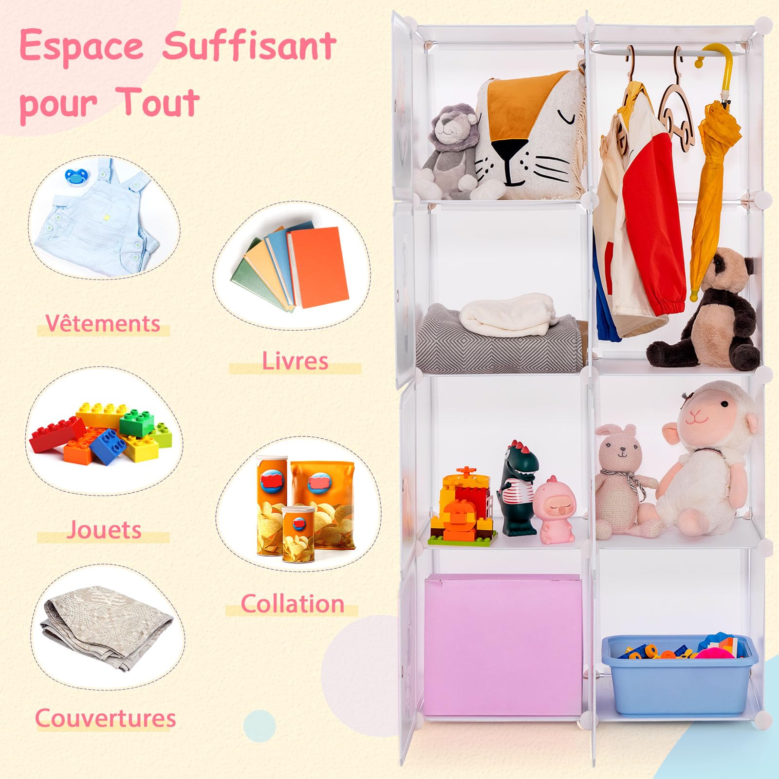 GOPLUS Meuble de Rangement Enfant 8 Cubes à Thème Spatial, Armoire Modulable avec Portes et Barre de Suspension, Rangement Jouet Livre pour Chambre à Enfant (Blanc)