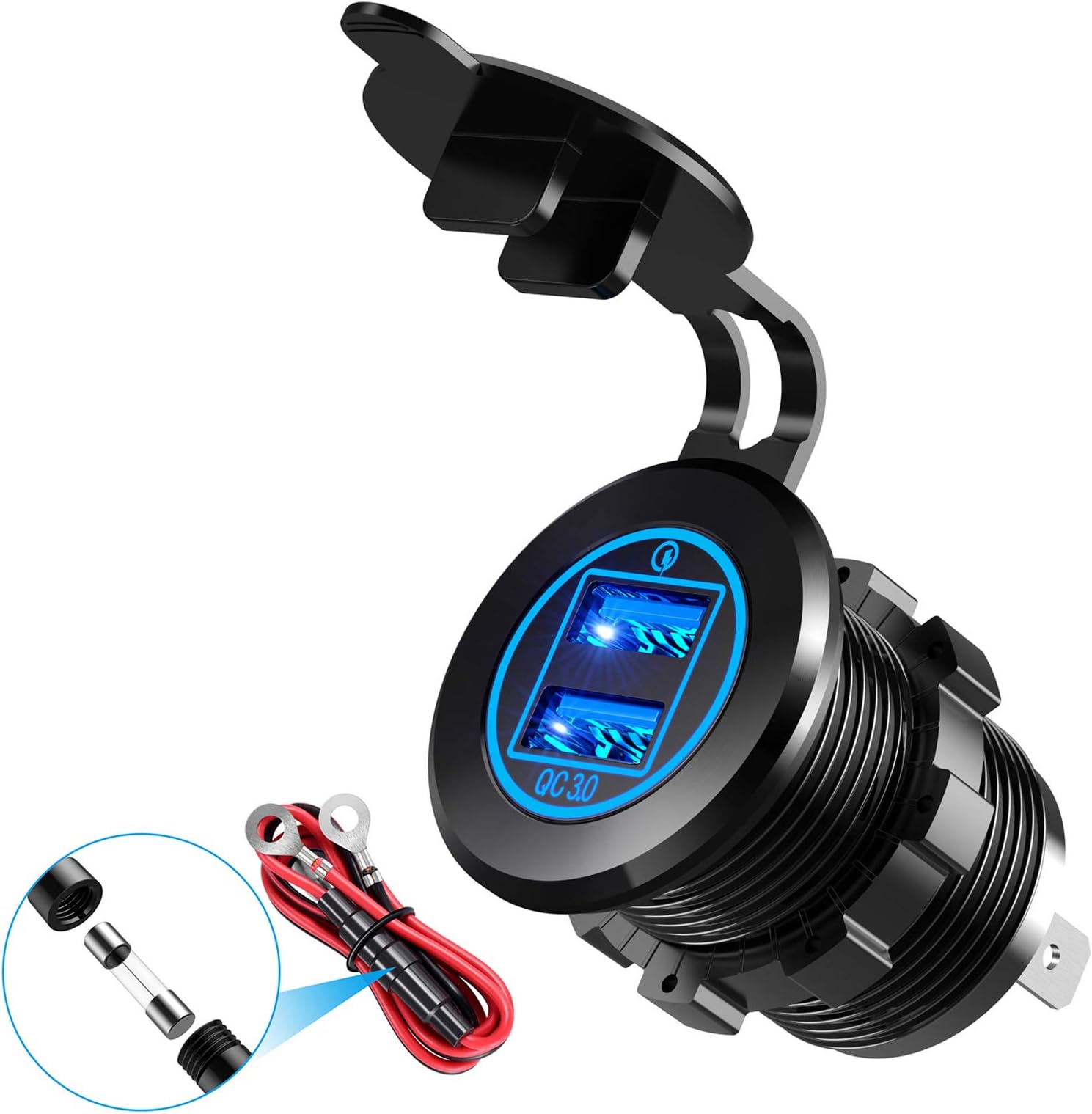 YONHAN 36W Quick Charge 3.0 Dual USB Car Charger Socket, Metal Waterproof 12V USB Outlet with Blue LED & 10A Fuse for 12V/24V Marine Boat Golf Cart Truck Motorcycle and More