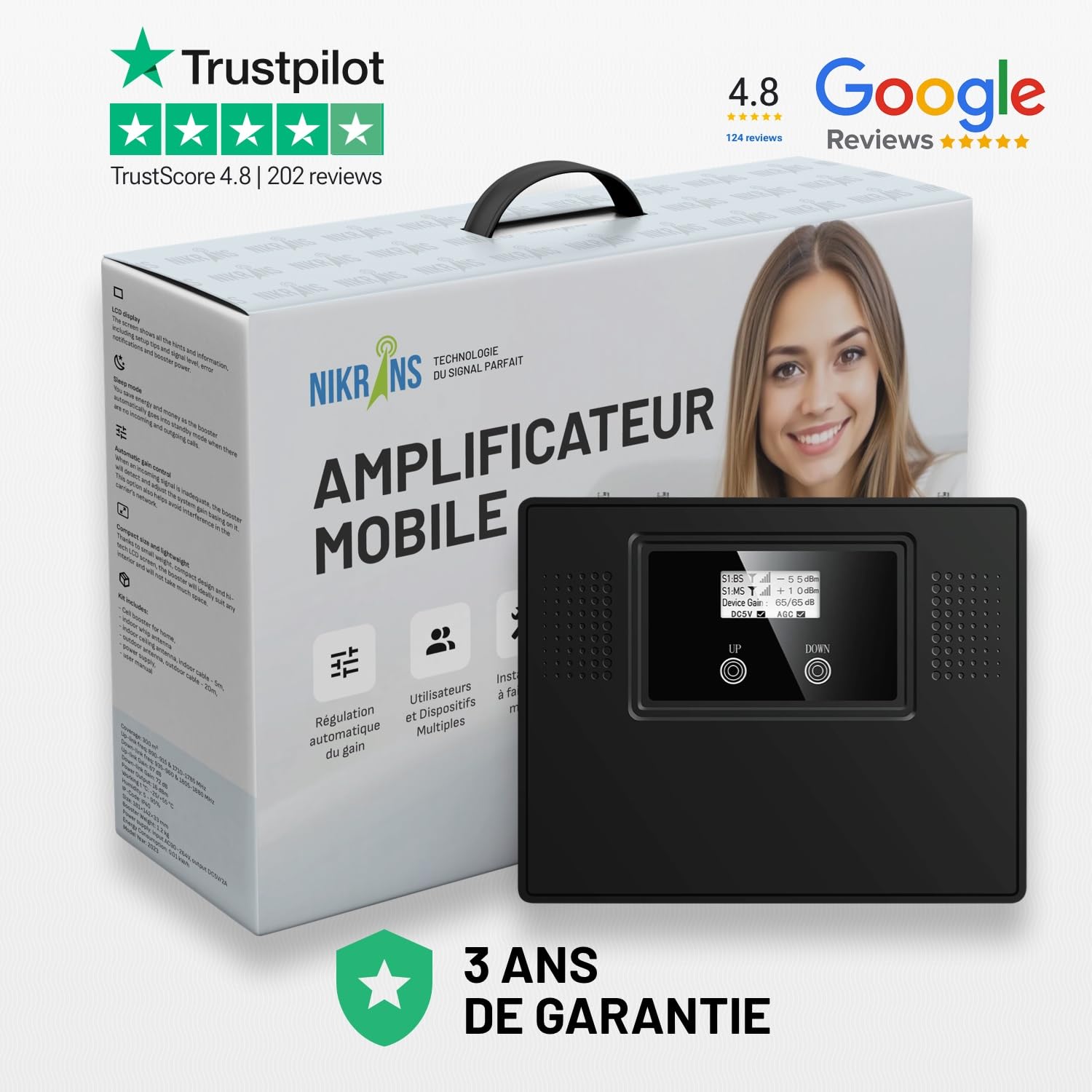 LCD-300GDW Répéteur de Signal Mobile Tri-Bande 3G/4G/5G – Amplificateur Mobile 900/1800/2100 MHz – Appels et Internet – Jusqu’à 300 m² – Compatible Opérateurs Français