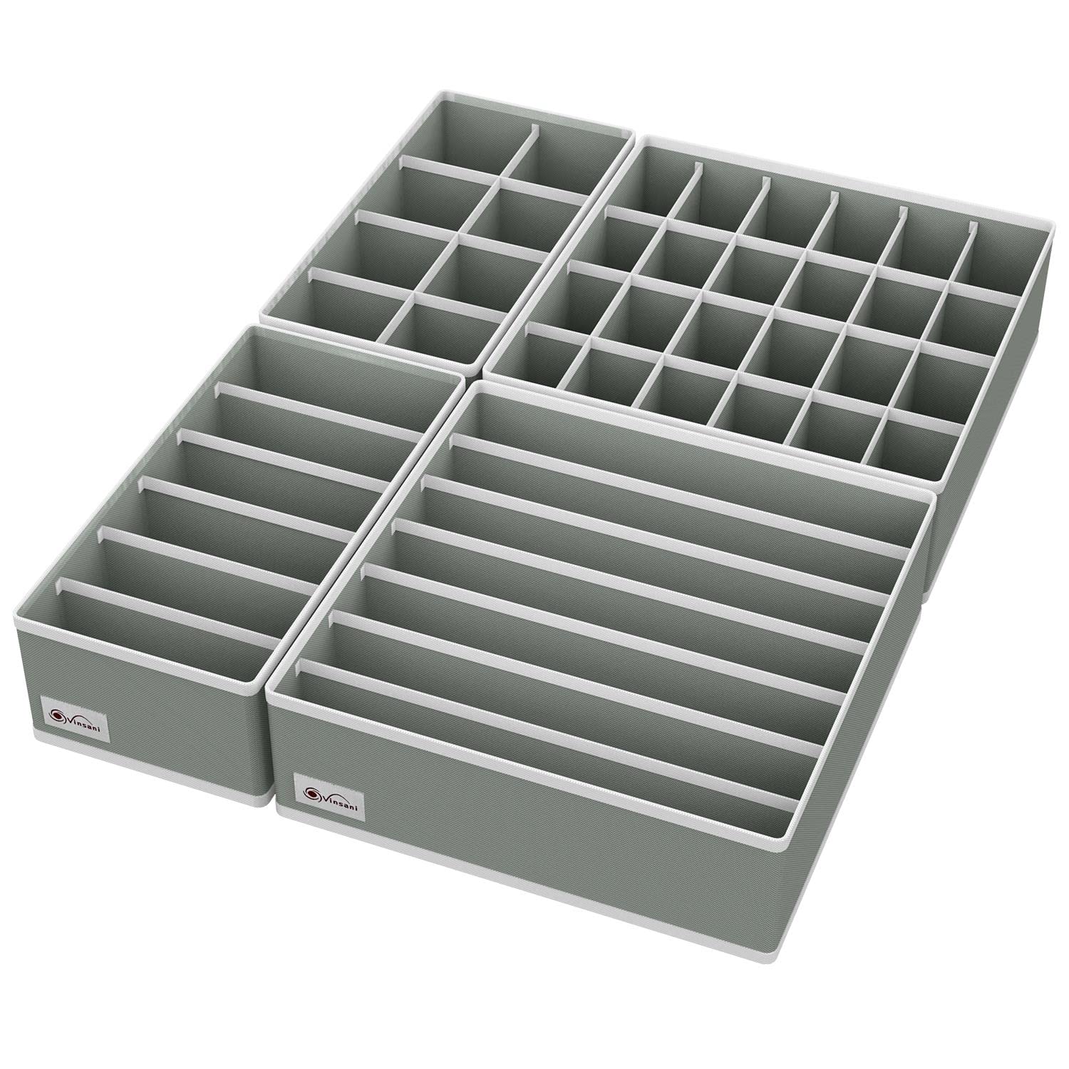 Vinsani Drawer Organiser Set of 4 Wardrobe Storage Dividers for Closet Undies Underwear Bra Socks Clothes Dresser Foldable Partitioned Cell Bedroom Storage Box – Light Grey — image 1
