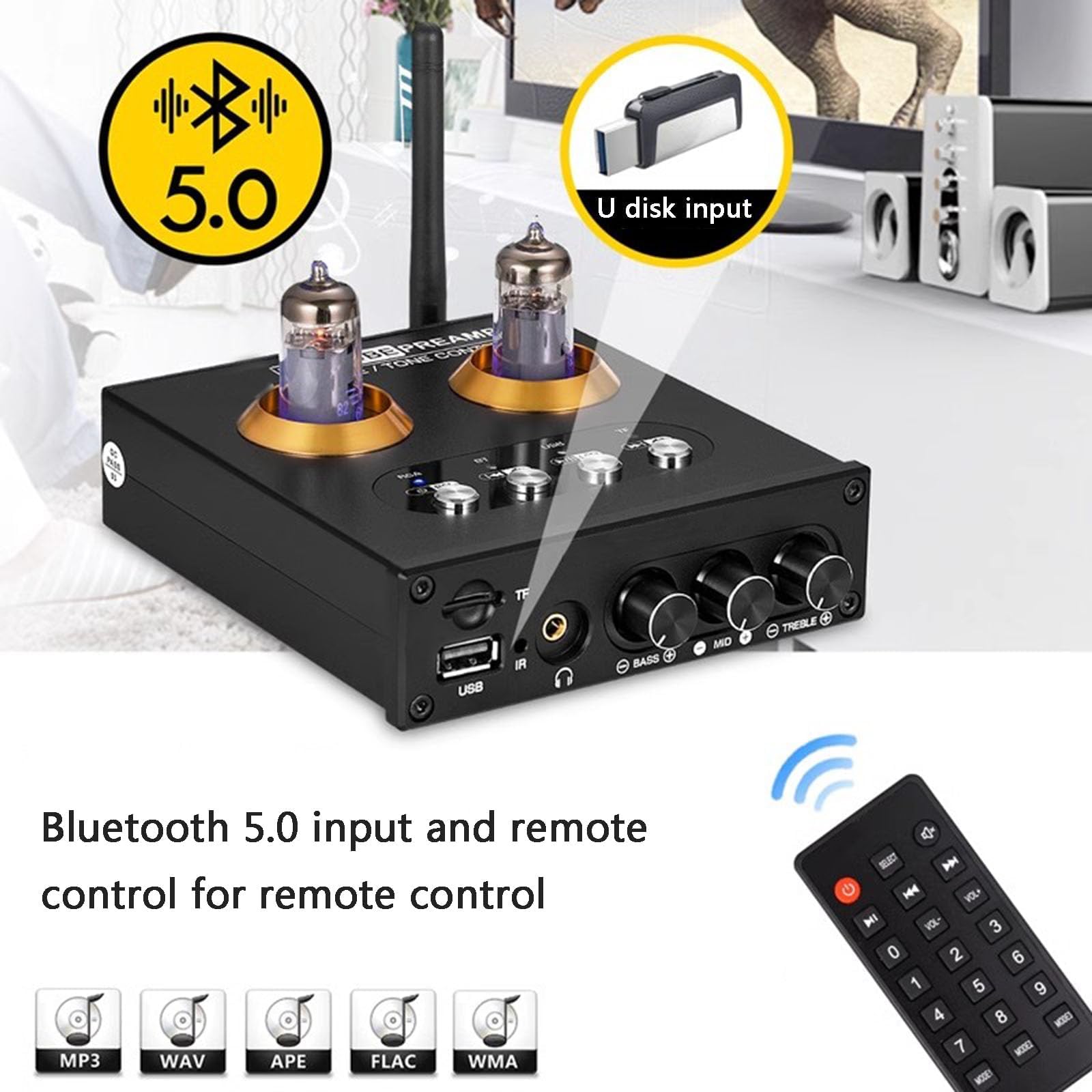 COYEUX Wzmacniacz lampowy Mini Hi-Fi Bluetooth 5.0 2-kanałowy wzmacniacz mocy klasy D, z pilotem zdalnego sterowania, do zestawu słuchawkowego Home Audio