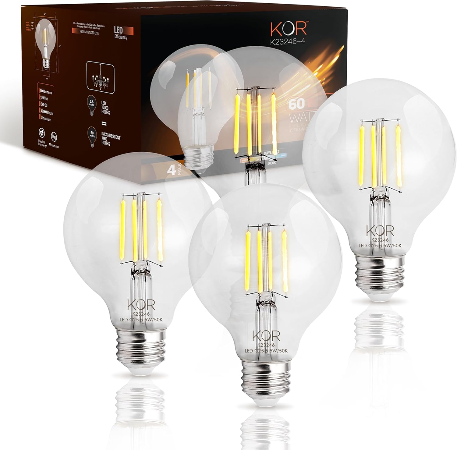 KOR LED G25 Filament Globe Bulbs, 4 pack, 60 Watt Equivalent, 5000K Bright White, Edison Dimmable 5.5W, E26 Medium Base, 500 Lumens, CRI 90, Clear Glass Light Bulbs for Bathroom, Makeup Mirror, Vanity