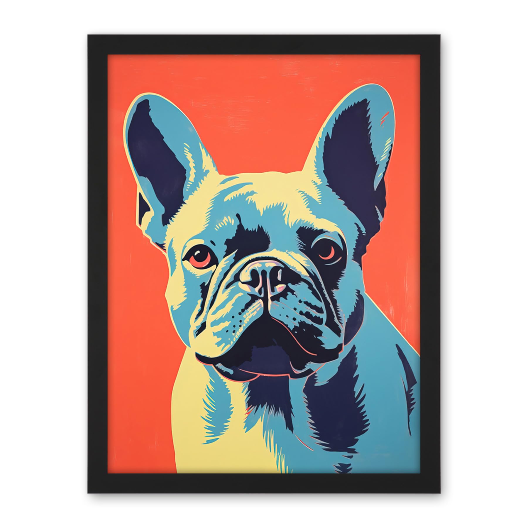 Artery8 French Bulldog Colour Block Artwork Coral Orange Blue Vibrant Pet Portrait Cute Artwork Framed Wall Art Print 18X24 Inch