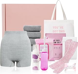 Postpartum Essentials Kit - Peri Bottle,Perineal Ice Packs,Perineal Healing Foam,Disposable Underwears,Cooling Pad Liners,Bath Salts,Canvas Bag,Card,Postpartum Gifts for Mom