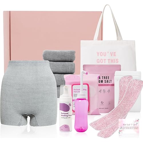 Postpartum Essentials Kit - Peri Bottle,Perineal Ice Packs,Perineal Healing Foam,Disposable Underwears,Cooling Pad Liners,Bath Salts,Canvas Bag,Card,Postpartum Gifts for Mom