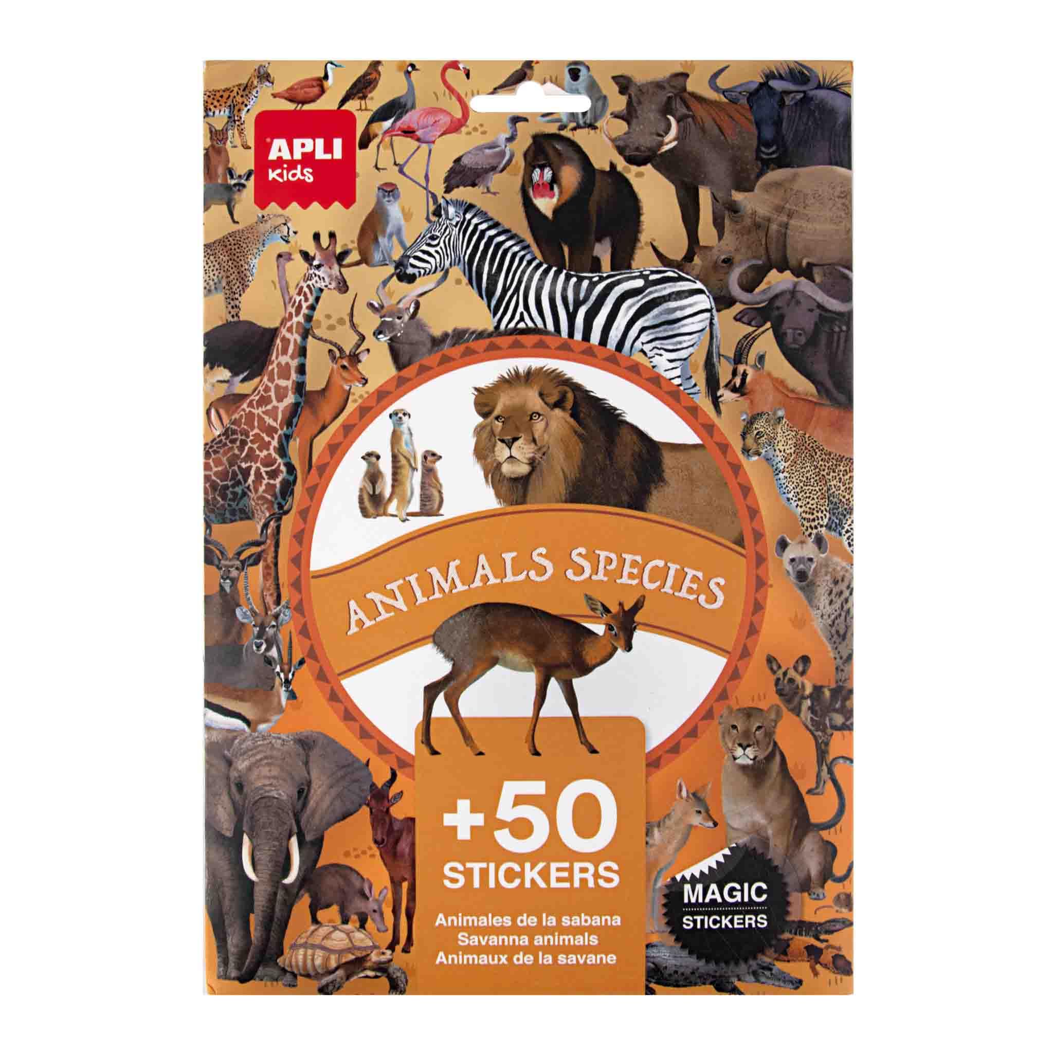 APLI Kids 19427 - Bolsa de pegatinas removibles realistas de animales de la sabana - 50 stickers de PVC