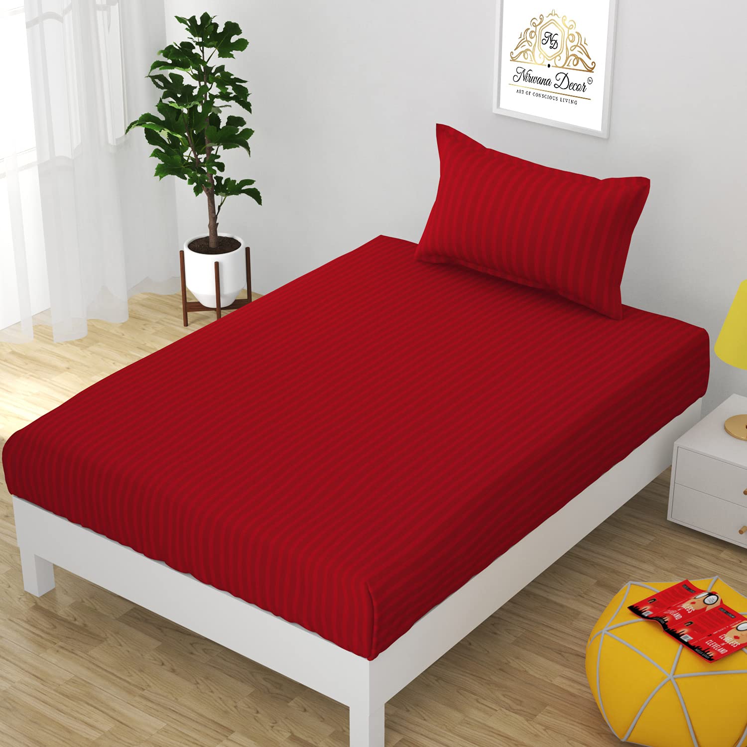 Nirwana decor® Imperia Satin Striped Microfiber Supersoft King Size Fitted bedsheet, Elasticated Elastic Sheet, 72x78 inches (Maroon, Single36x78)