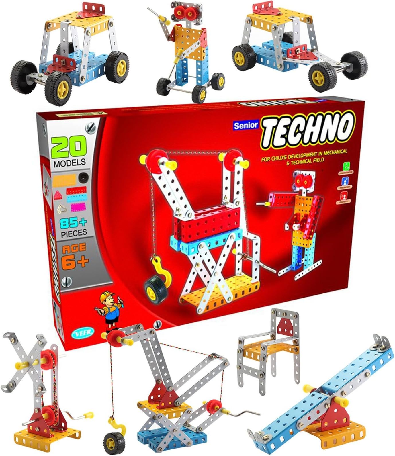 Chalk Circle Senior Techno STEM DIY Toy Kit - Model Building and Educational Engineering Game for Kids, Age 8+ - 20 Models with 85+ Metal and Plastic Puzzle Pieces, Multicolor