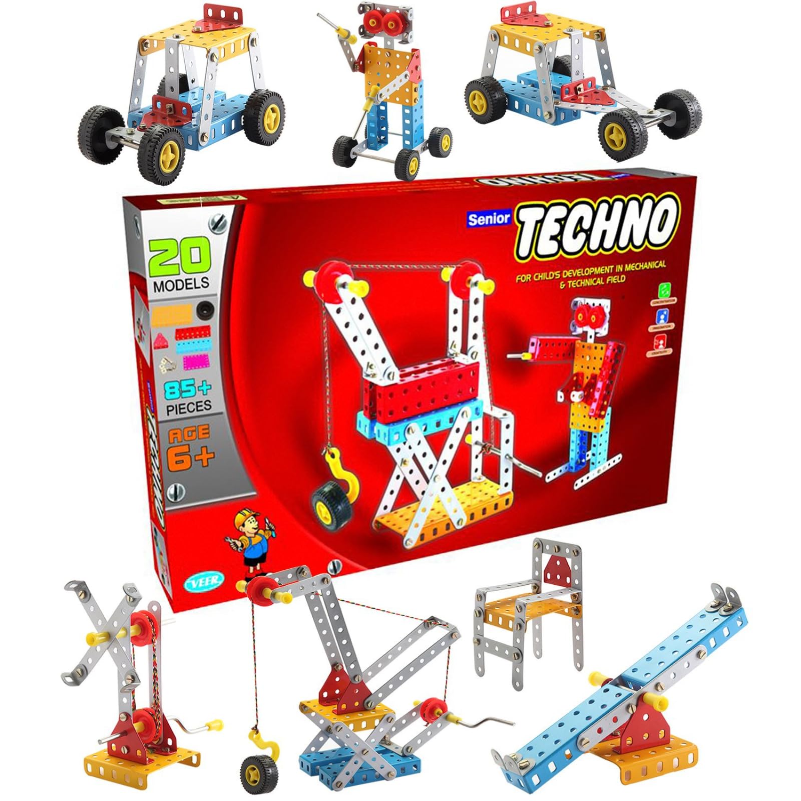 Chalk Circle Senior Techno STEM DIY Toy Kit - Model Building and Educational Engineering Game for Kids, Age 8+ - 20 Models with 85+ Metal and Plastic Puzzle Pieces, Multicolor