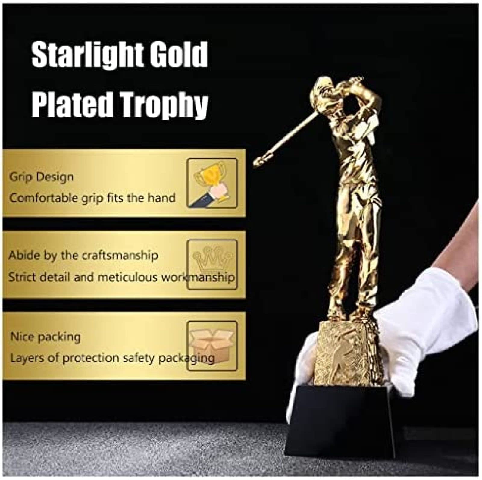 Trophäe in Golf-Mannform, vergoldete Trophäen mit individueller Gravur, mit schwarzem Glassockel, 11,4" personalisiert