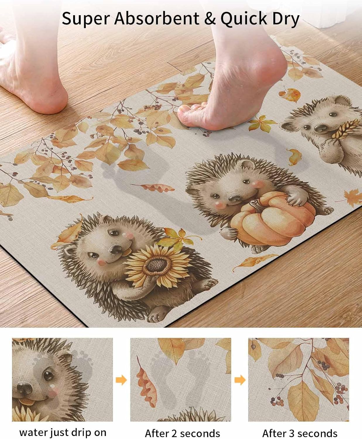 Bath Rugs Bathroom Rug,Thanksgiving Autumn Watercolor Pumpkin Absorbent Diatomaceous Earth Bath Mat Quick Drying Non-Slip Washable Shower Mat,Country Fall Leaves Hedgehog Floral on Linen Doormat