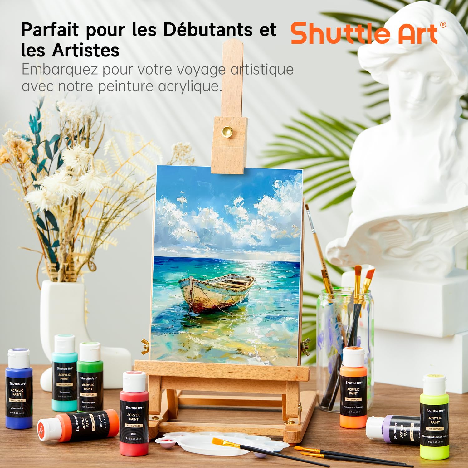 Shuttle Art Peinture Acrylique, 36 Couleurs (60ml) Kit Peinture Acrylique avec 12 Pinceaux 1 Palette, Riche Pigmentée, Non Toxique pour Artiste Débutant Adulte Enfant sur Toile Tissu