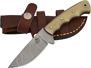 Knives Ranch Handmade 7-1/2" Arched Hunting Knife - Full Tang - Damascus Steel - Cattle Bone Handle - Heavy Duty Leather Sheath (3183-B) - Knives Ranch