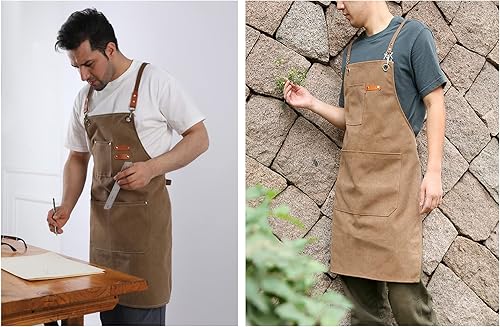 Miniatura 7 de Kvimvty Delantal de lona resistente para herramientas de trabajo, delantales de algodón para chef con bolsillos grandes..
