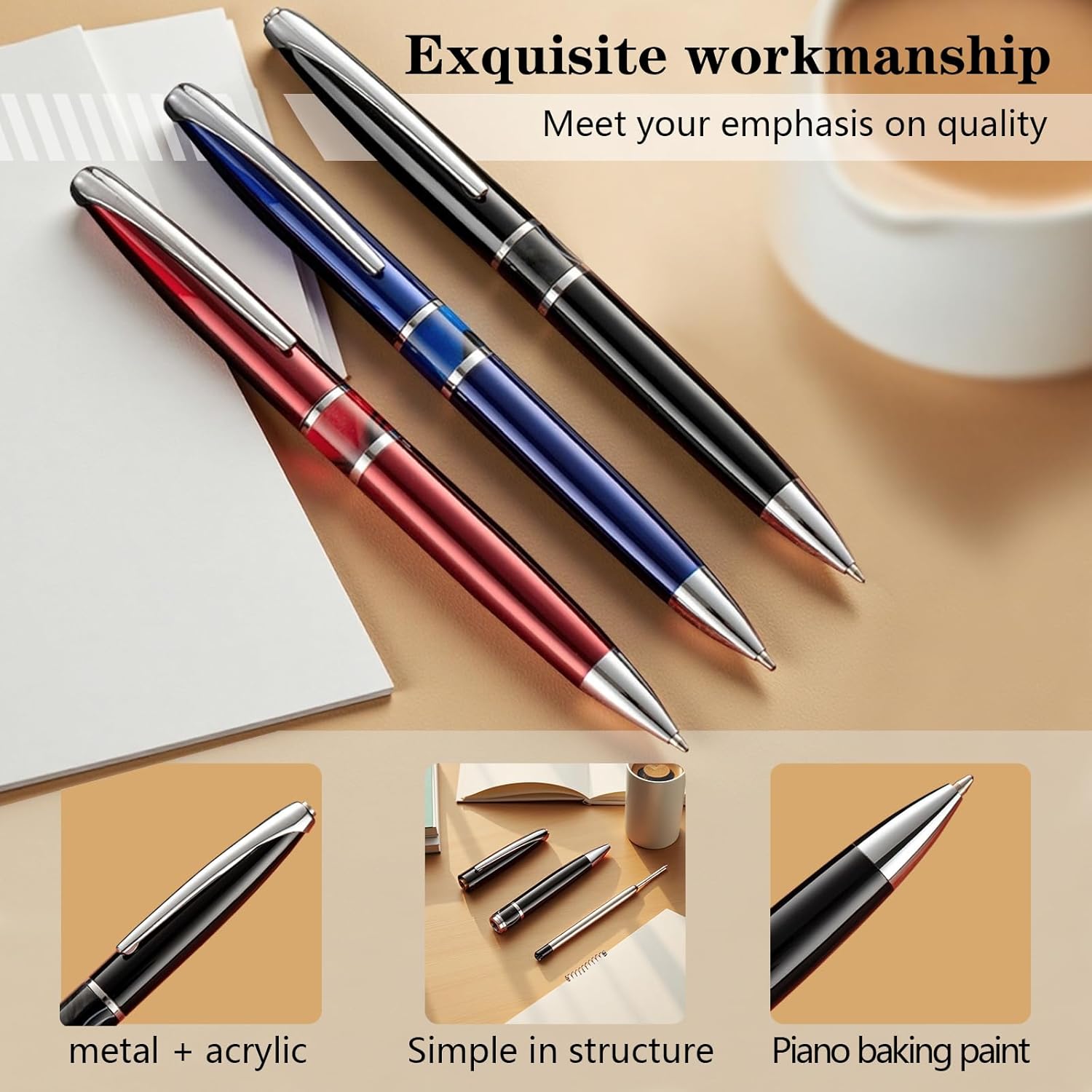 Executive Ballpoint Pens Set ，10 Pcs Refills of 3 Ink Colors, Luxury Acrylic & Metal Retractable Rollerball Pens, Smooth Writing Office Pens for Business, Teachers, Professionals（Black） - Image 3