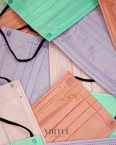 Miniatura 5 de VIRTUE CODE Mascarillas de apoyo, suaves y cómodas de 3 capas, coloridas desechables, paquete de 50 unidades. Colores pastel para adultos, hombres y