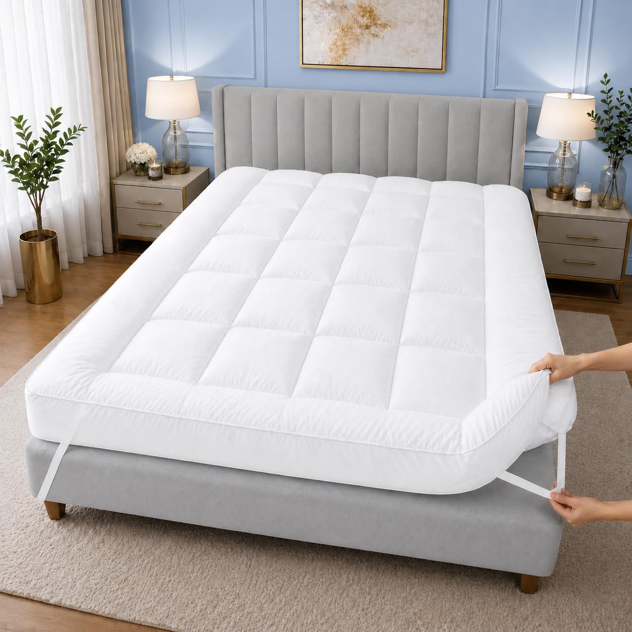Mattress Topper 10cm (4-Inch) Extra Thick Super King Bed - Box Stitch Microfibre Quilted Mattress Topper & Hollowfibre Fill - Easy Fit Straps & 1100GSM - Breathable & Washable (Super King, 180x200cm)