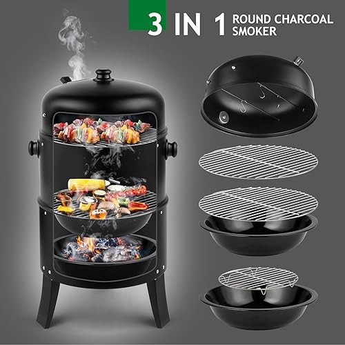 Miniatura 5 de Outvita Ahumador vertical para barbacoa de carbón de 17 pulgadas, 3 en 1, cocina portátil para parrilla al aire libre con termómetro integrado para