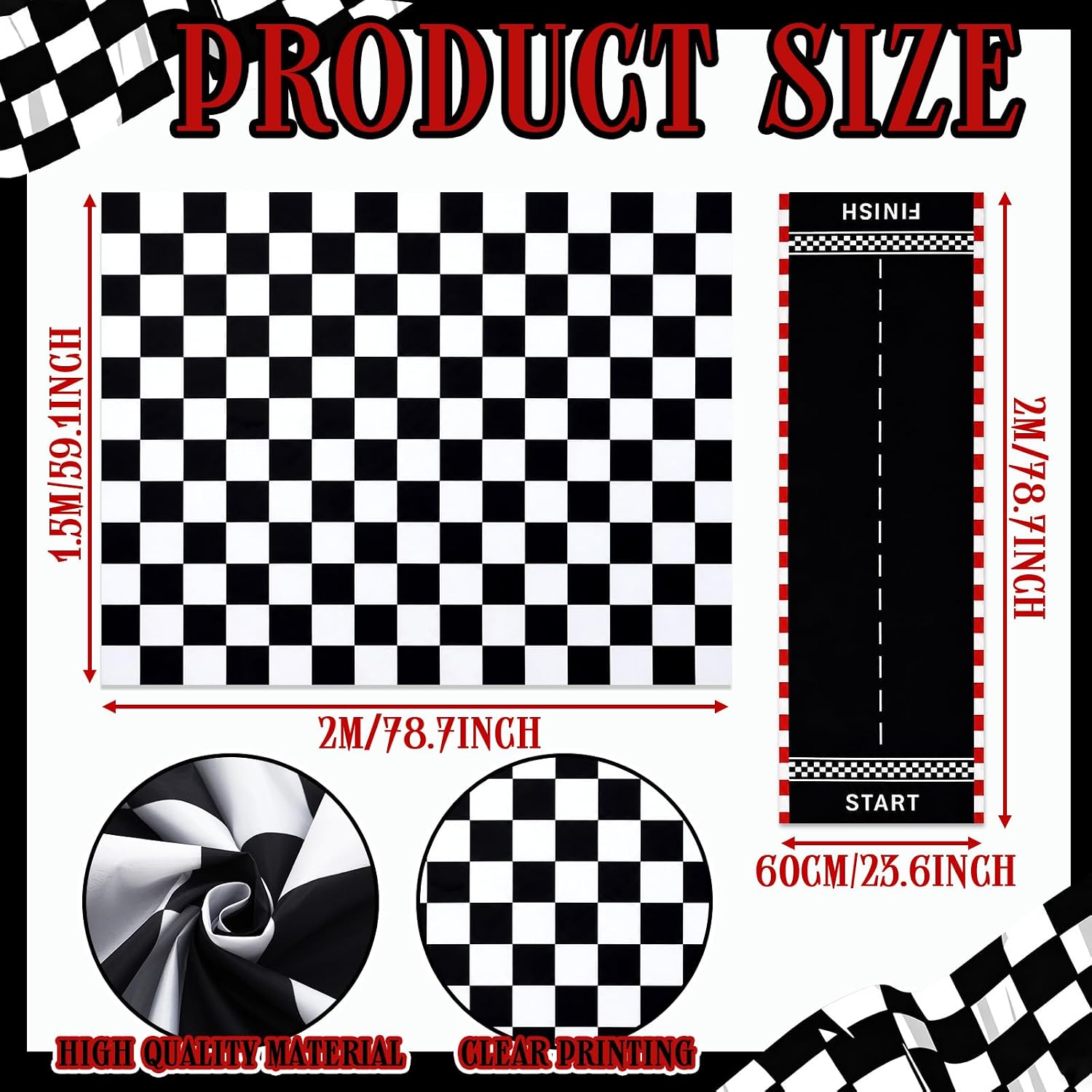 2 Pcs 6.56 ft Race Car Party Decoration Race Track Floor Runner Long Checkered Finish Line Racing Rugs for Birthday Games Sport Event Party Supplies
