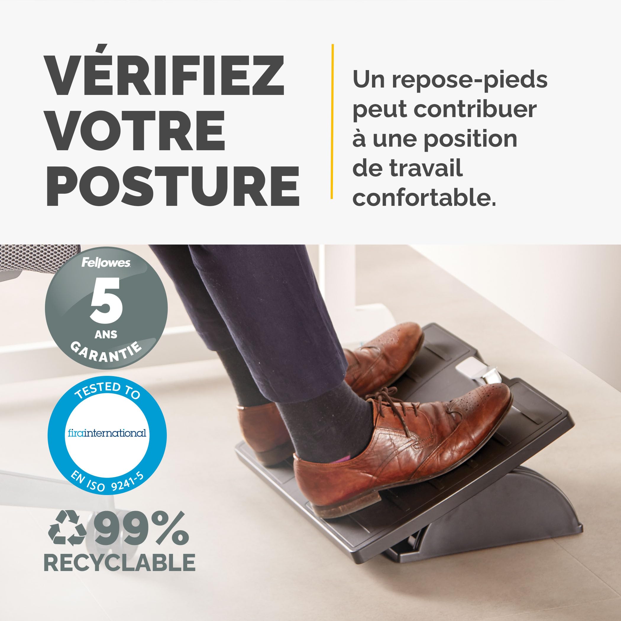 Fellowes Repose-pieds Office Suites, 3 hauteurs possibles, inclinaison jusqu'à 30°, protection antibactérienne Microban, noir
