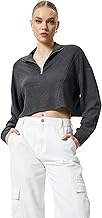 KOTON womens Half Zipper Detail Long Sleeve Crop Sweatshirt