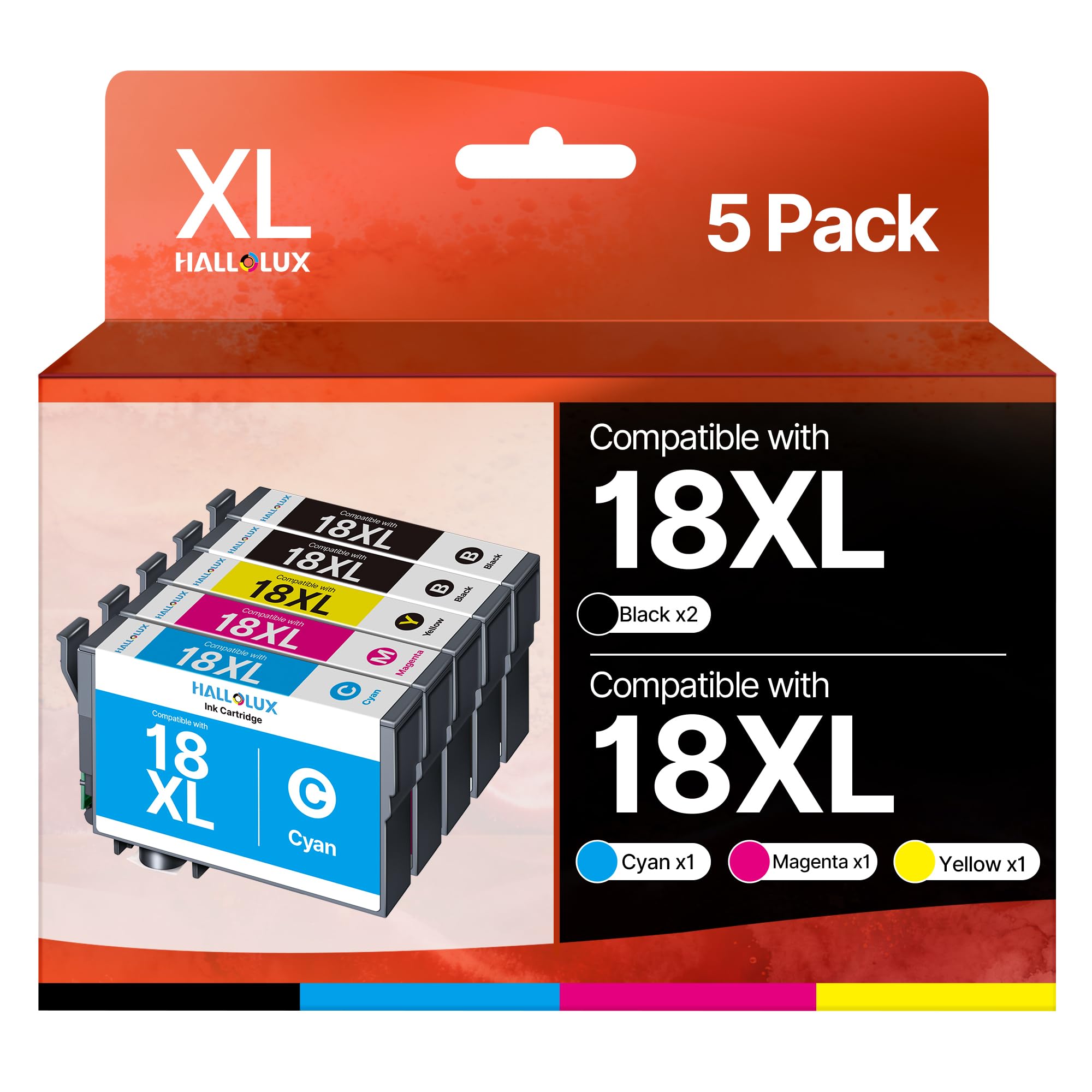HALLOLUX 18XL Druckerpatronen Kompatibel für Epson 18 18XL für Epson XP 225 Druckerpatronen für XP-305 XP-215 XP-412 XP-422 XP-325 XP-312 XP-315 XP-205 XP-415 XP-425 All-in-One Drucker (5er-Pack)