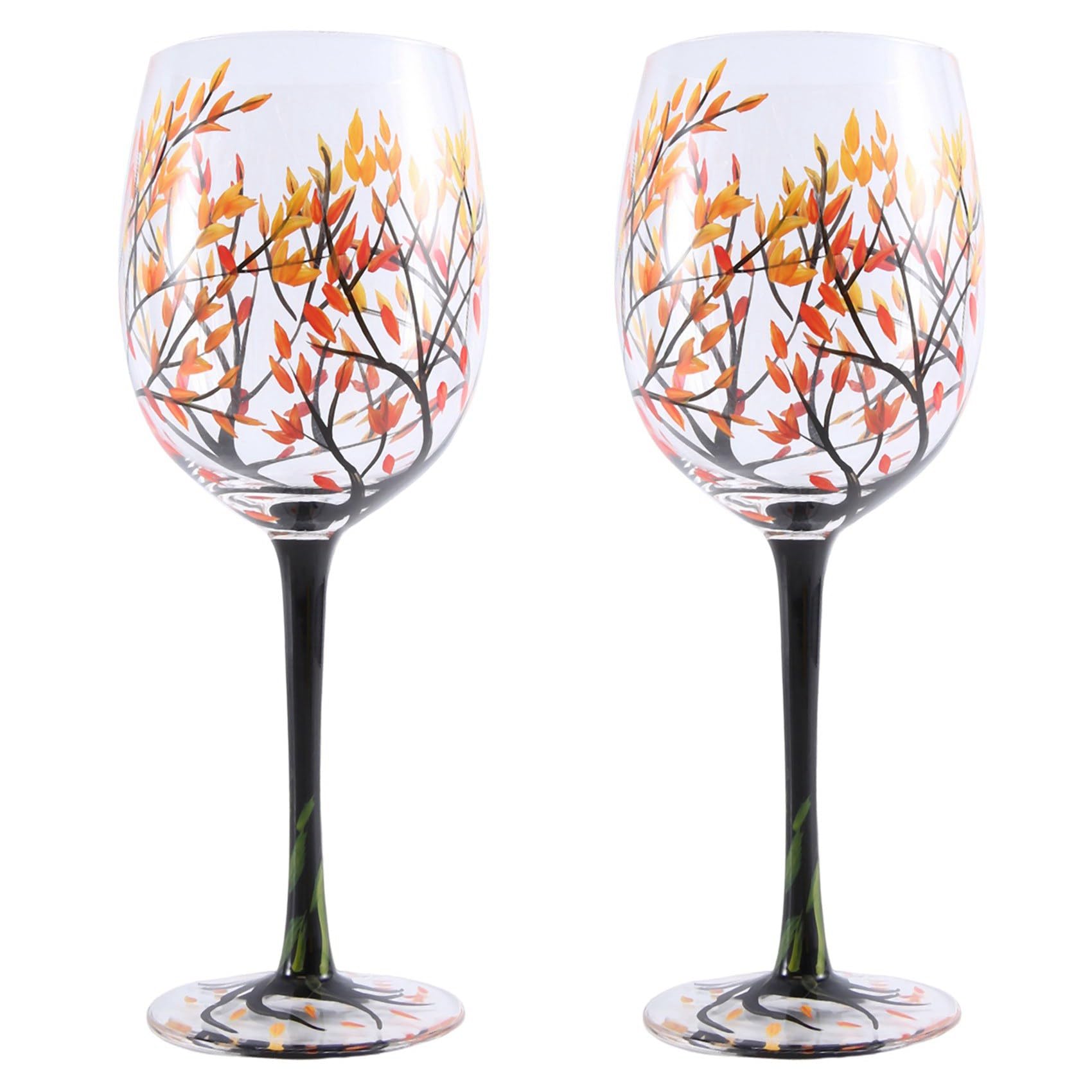 Verre à vin arbre automne cadeau idéal peint main lot de 2