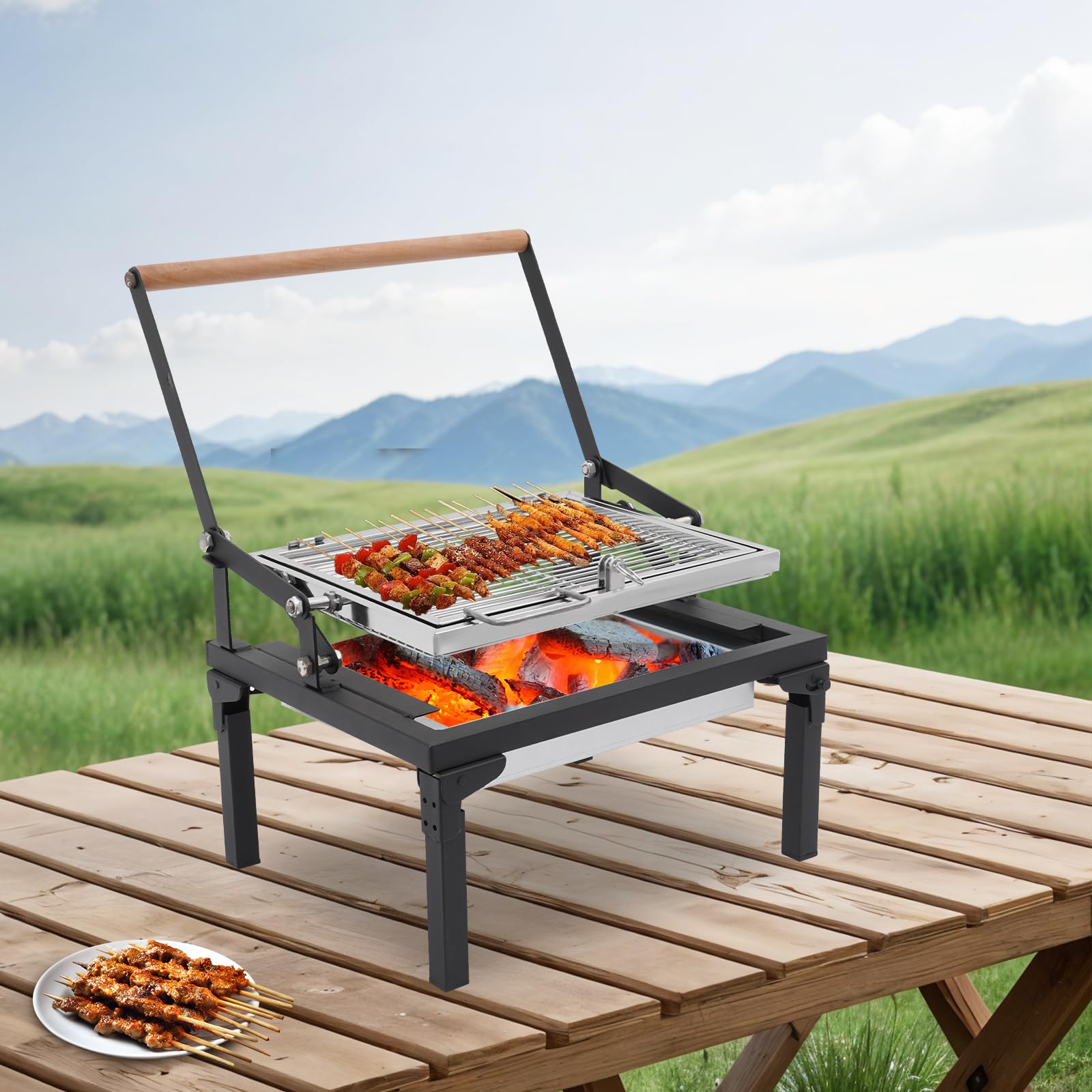 Barbecue portatile per esterni, pieghevole, in acciaio inox, con griglia girevole, cassetto del carbone e manico in legno, per campeggio, balcone, giardino, parco o spiaggia (piccolo)