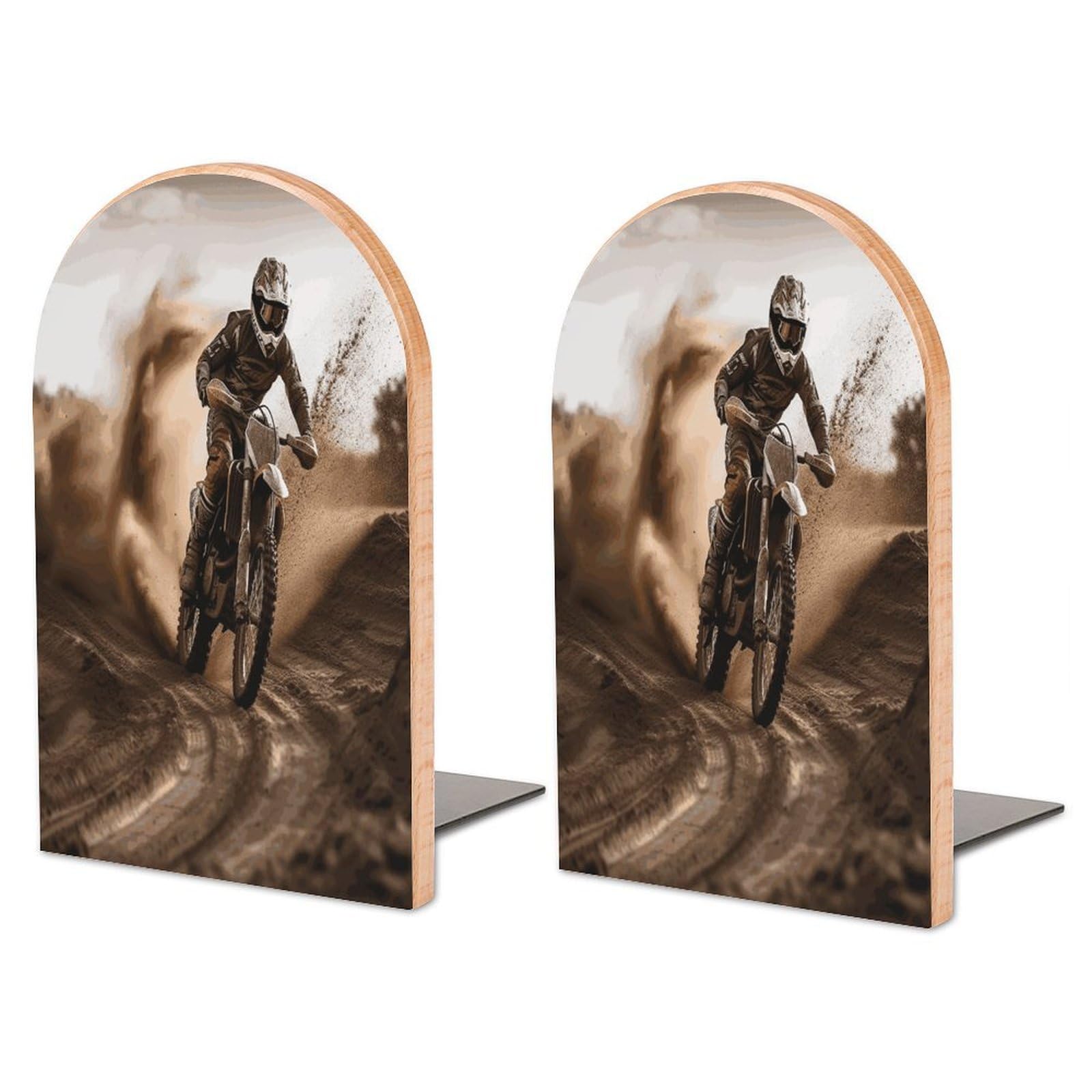Motocross Bookend for Shelves Non-Skid Book Holder Modern Heavy Duty Bookend Stopper Metal Base Wood Book End Books Shelf Holder Home Decorative 1pair 6.7x3.9x4.7