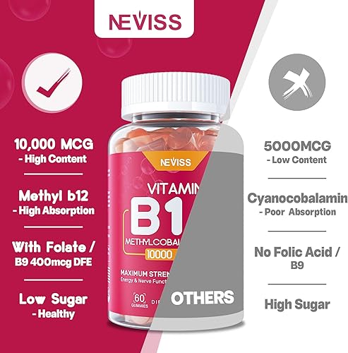 Miniatura 7 de Gomitas de vitamina B12 bajas en azúcar para adultos, 10000 mcg, metilcobalamina, metilo b12 con folato  B9, vitamina D 1600 UI, apoya la energía y