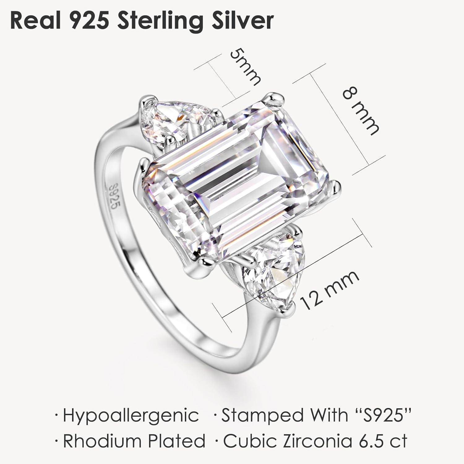Michooyel S925 6.5cttw Emerald Cut Engagement Ring 3-Stone Wedding Promise Ring Sterling Silver Wedding Band For Women - Image 3