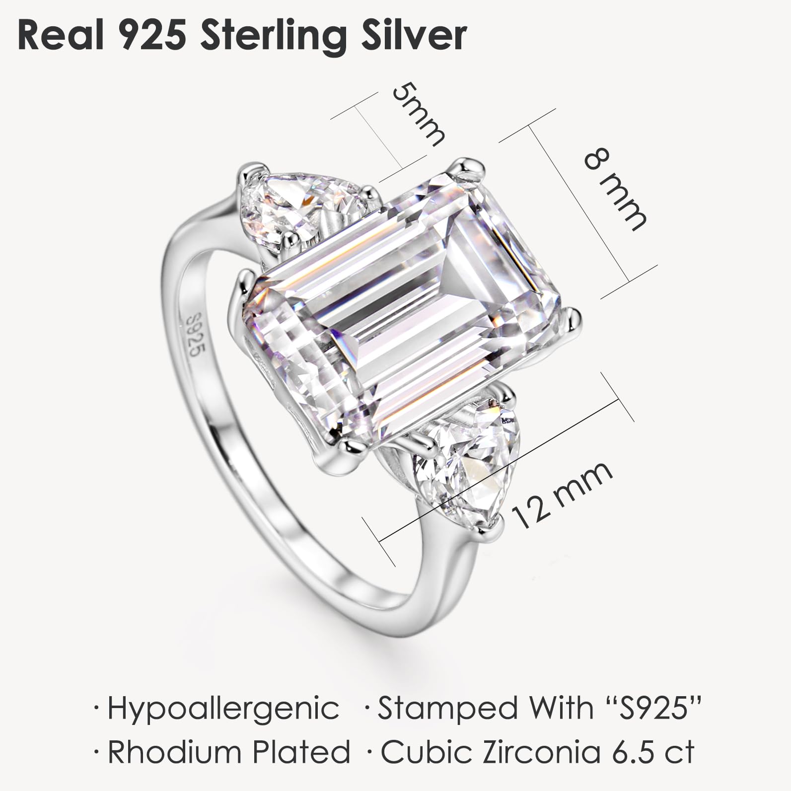 Michooyel S925 - Anello di fidanzamento con 3 pietre, 6,5 cttw, con taglio smeraldo, in argento Sterling