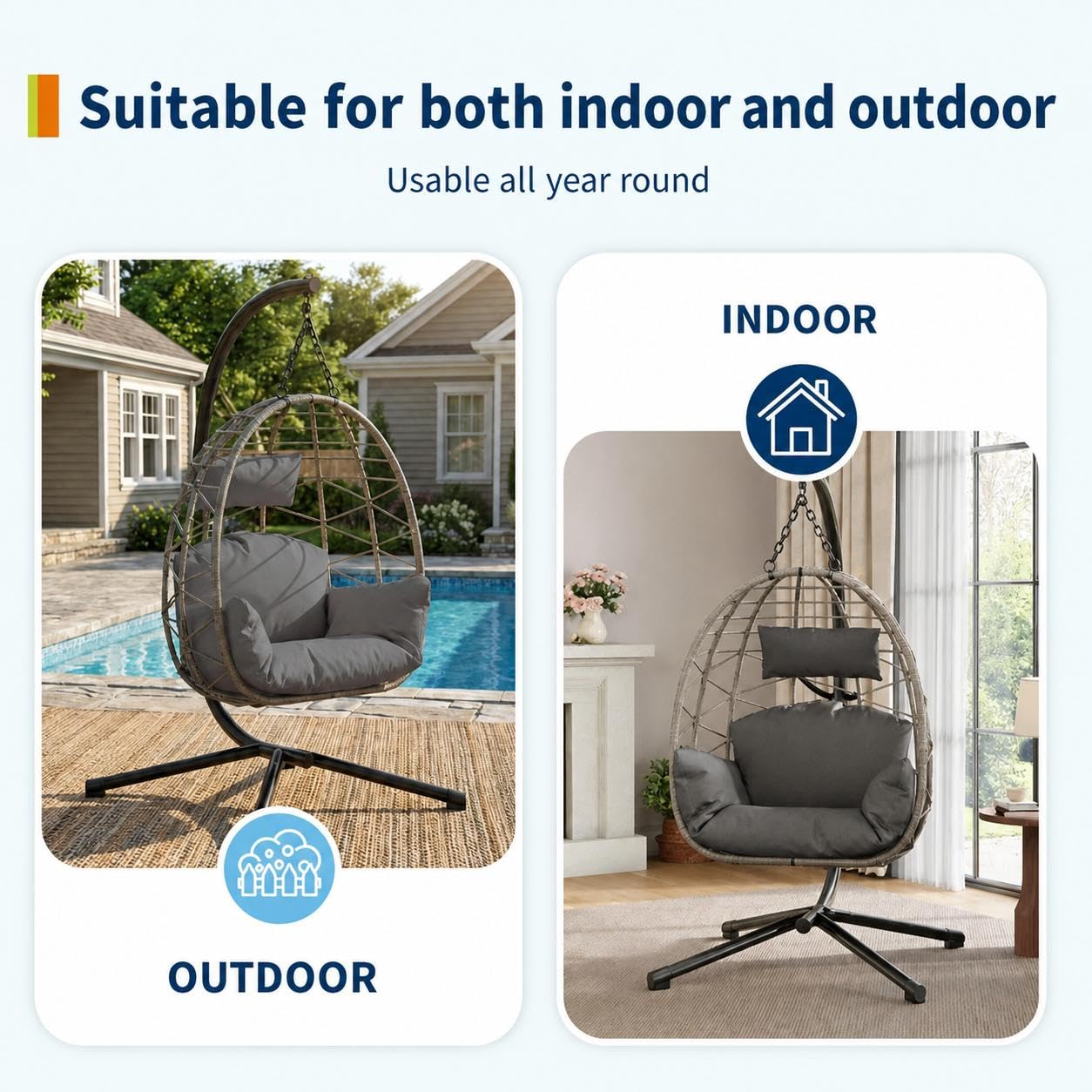 Hängesessel mit Gestell Outdoor bis 150 kg belastbar, Rattan Hängesessel mit Metallgestell & Kissen, Hängesitz für Garten, Terrasse & Balkon, Indoor & Outdoor nutzbar - Grau