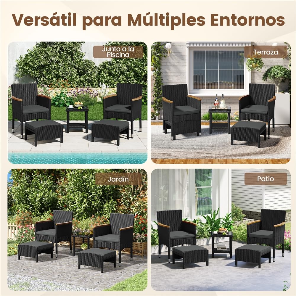 Yaheetech Conjunto de Muebles Ratán de Jardín 5 Piezas con Cojines, 2 Sillones 2 Otomanas y 1 Mesa de Café para Patio, Piscina y Trasero, Color Negro/GIRS Negro/GIRS