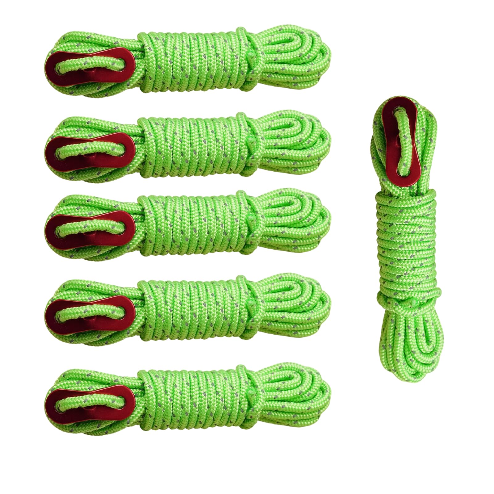 Skyzone 6 Pack Reflective Ropes - 4mm x 4M Camping Guide Ropes with Tensioner, Weatherproof Reflective Cord for Tents, Hammocks, Tarps, Outdoor Survival Gear (Green, 4mm)