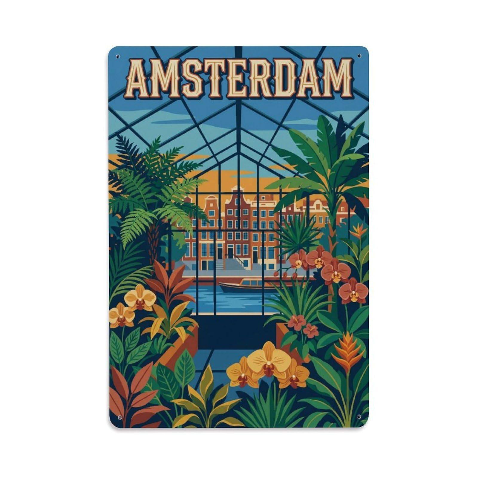 Okngb Style Amsterdam Conservatory Garden Classic Country Travel Metal Tin Sign Plaque Wall Decor For Cafe, Man Cave, Club Bar, Office, Home Garden Round Metal Poster 8X12inch