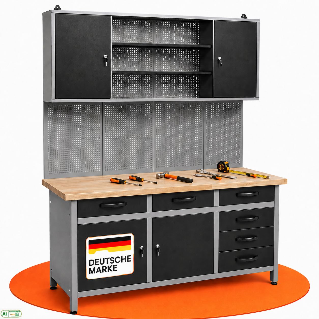 Ondis24 Karsten - Set da officina, 160 cm, banco da lavoro, armadietto da lavoro, pannello forato in faggio
