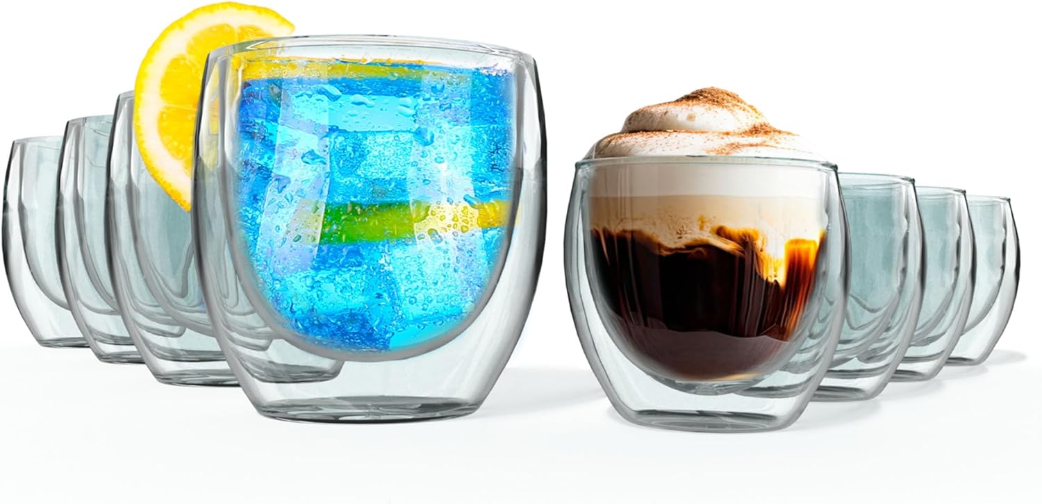 Kitchables Double Wall Glass Coffee Mugs Bundle, Set of 4, 2.7oz Espresso Shot Glass and Set of 4, 8oz No Handle Insulated Glass coffee Mug Clear coffee Mugs