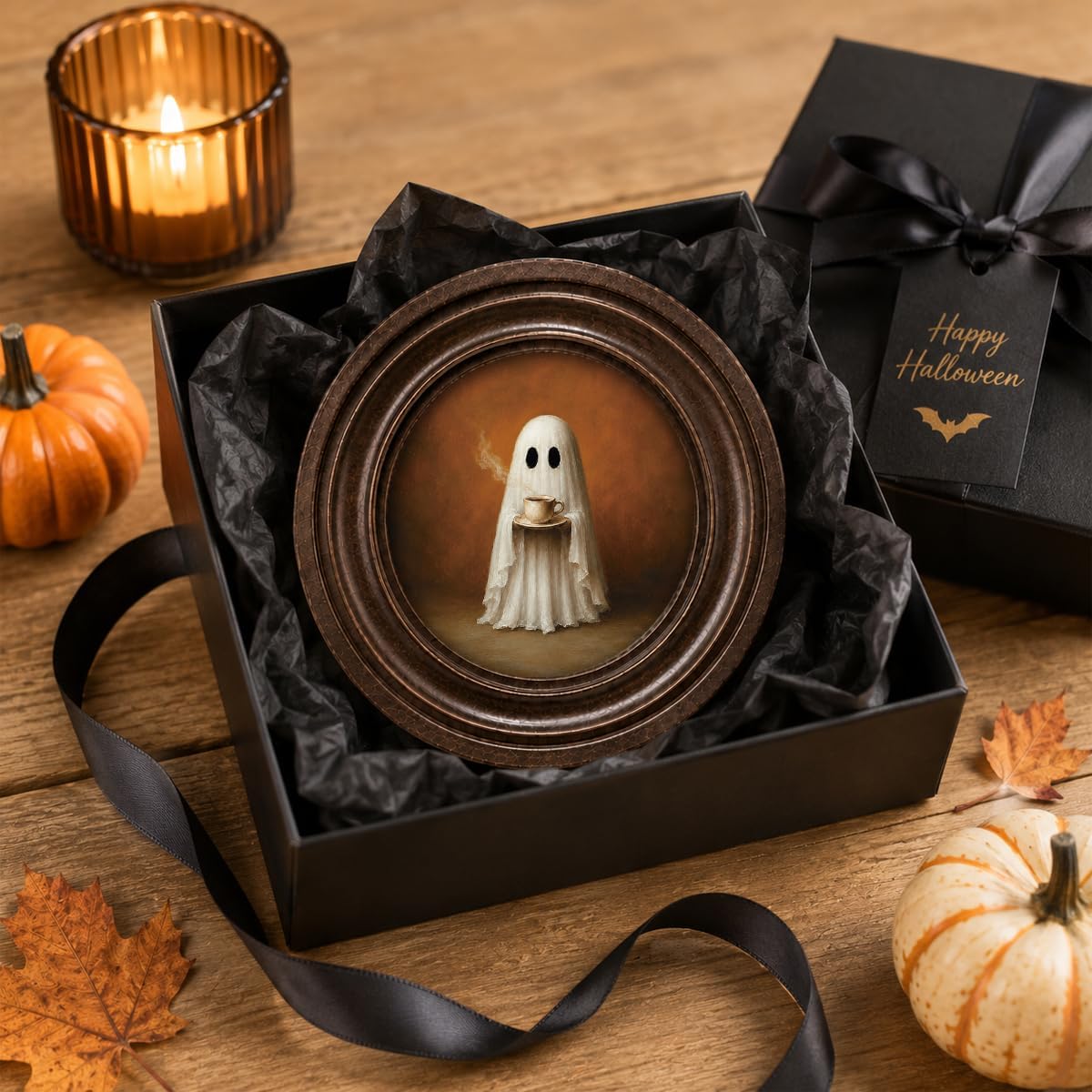 DNALWND Coffee Ghost Round Wall Art, Cozy Halloween Kitchen Decor