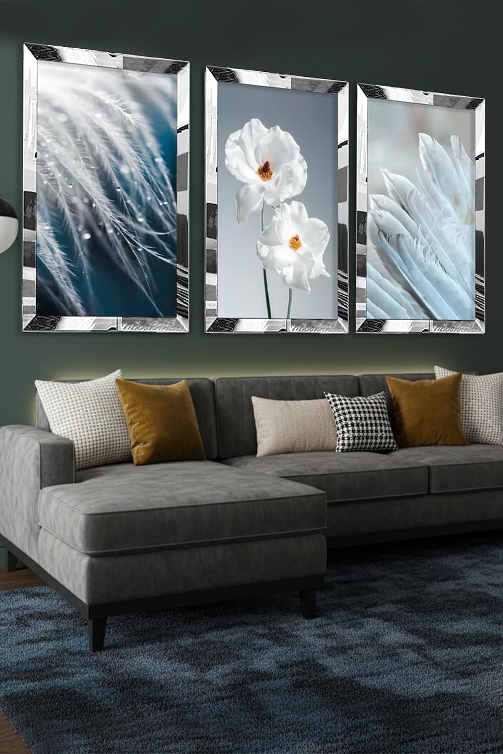 Framed Wall Art Set of 3 Silver Mirrored Plexiglass Collage Drawings MDF Wood Panels Botanical Theme Home Decor (Various Sizes) - Silver, 12x16 inch