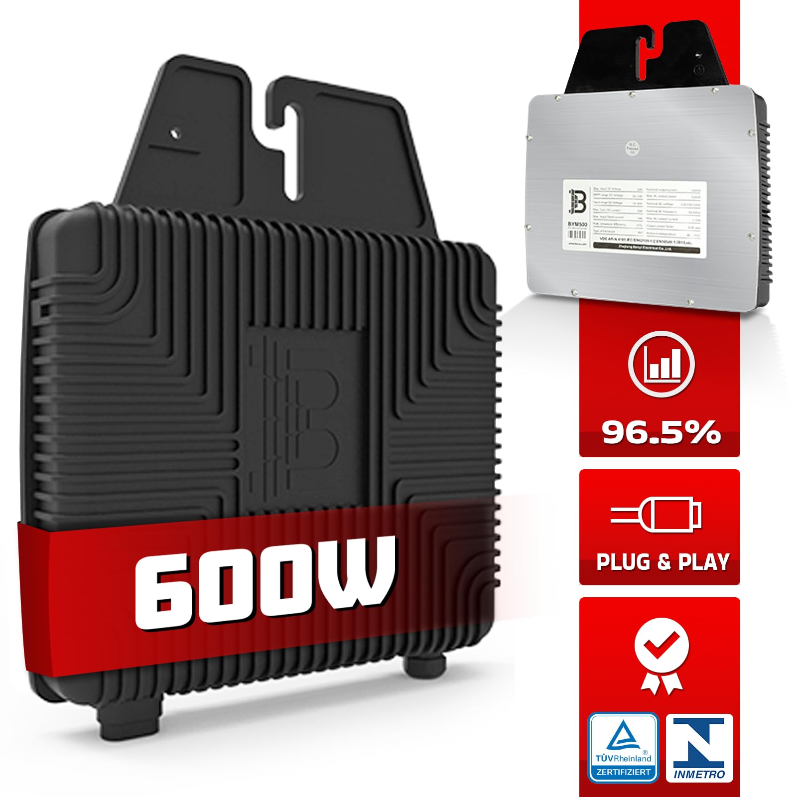 BENY BYM600 600 W Micro-Wechselrichter für Solarmodule, Microinverter Inverter für Mini-PV Plug & Play Balkonkraftwerk, Mikrowechselrichter, Solar