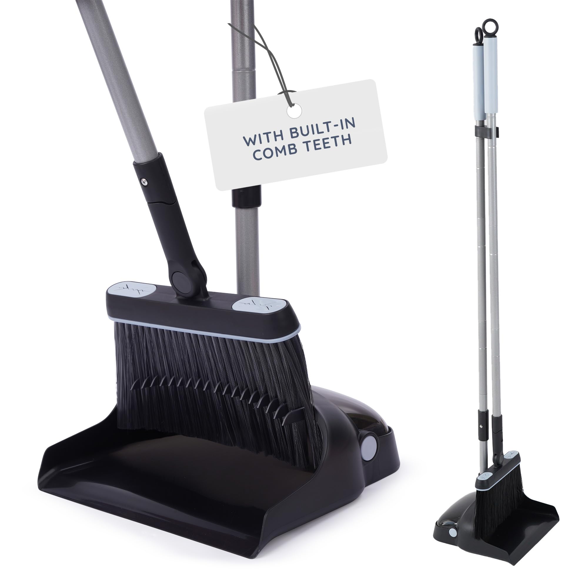 CUQOO Dustpan and Brush Set – Long Handled Upright Standing Pan & Brush, Built-In Comb Teeth, Soft Bristles, No-Bend Design for Indoor & Outdoor Sweeping