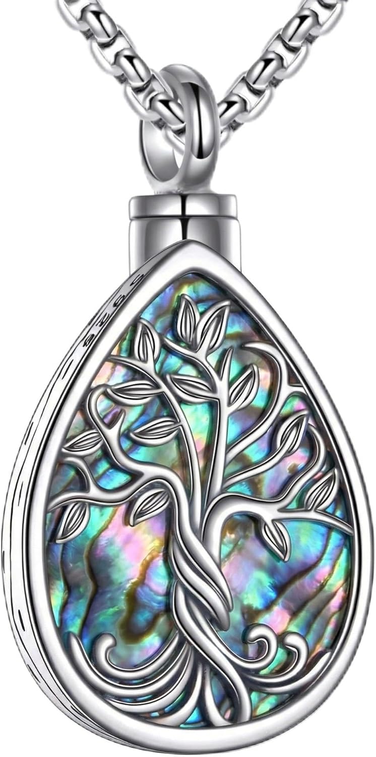 Urn Necklace for Ashes 18k White Gold Plated Abalone Shell Family Tree Keepsake Cremation Pendant Memorial Jewelry for Women