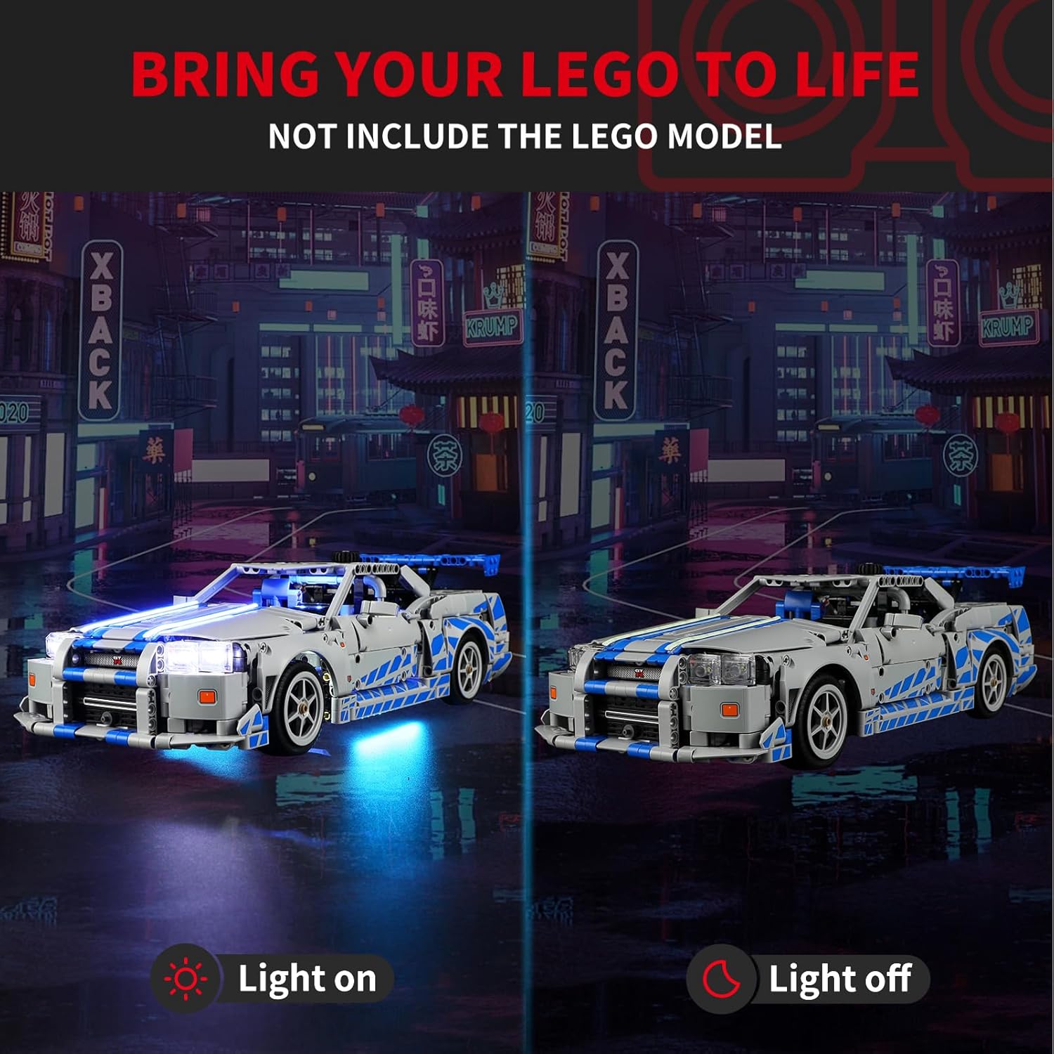 Lego Nissan Skyline GT-R R34 model with BRIKSMAX lights on and off, demonstrating the visual impact.