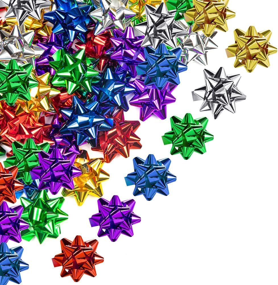 Christmas and Everyday Presents Bows, 120 Pieces Multicolour Pack, Red Green Gold Silver Blue Purple, 1 Inch