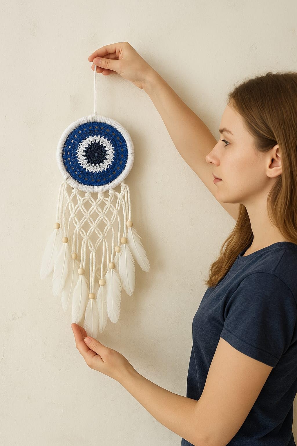 FEATHRA Handmade Evil Eye Dreamcatcher Wall Hanging – Blue & White Crochet Dream Catcher with Feathers & Beads – Boho Home Décor, Protection & Good Luck Charm (Evil Eye) 2