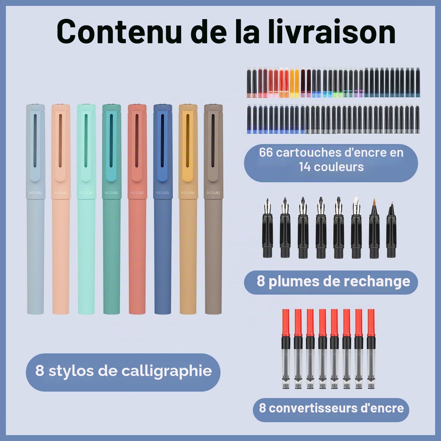 8 stylos plume calligraphie avec différentes plumes, 66 cartouches d'encre (14 couleurs) - Ecriture, dessin, exercices de calligraphie pour débutants GC-F866