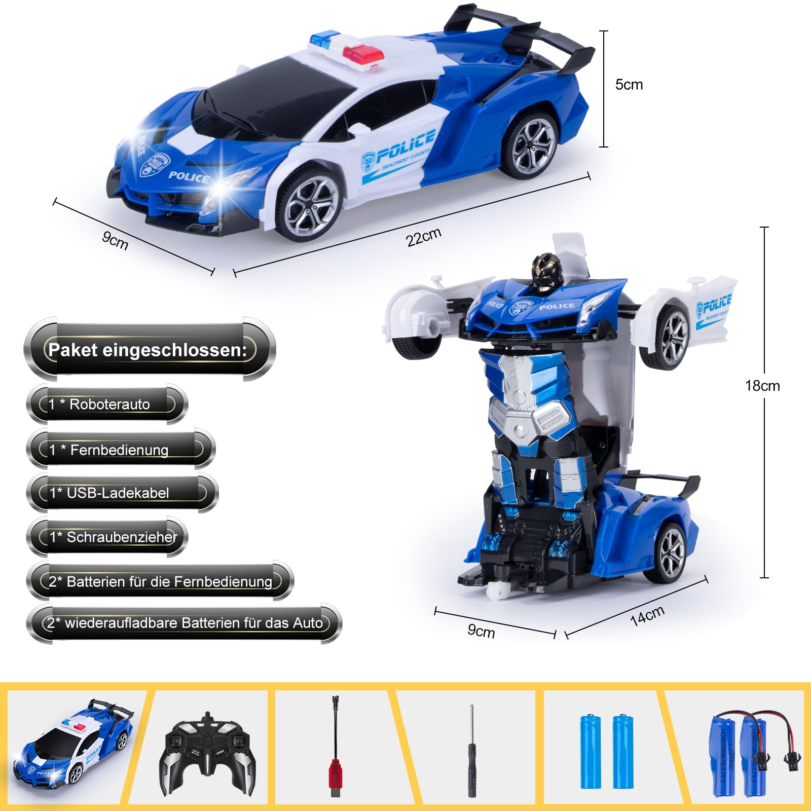 Yellcetoy Transform Spielzeug Ferngesteuertes Auto, Roboter Auto mit Handgesten Sening Musik & Licht, Polizei Autos mit 2,4Ghz Fernbedienung Akkus, Kinder Junge Geschenke ab 3-10 Jahre