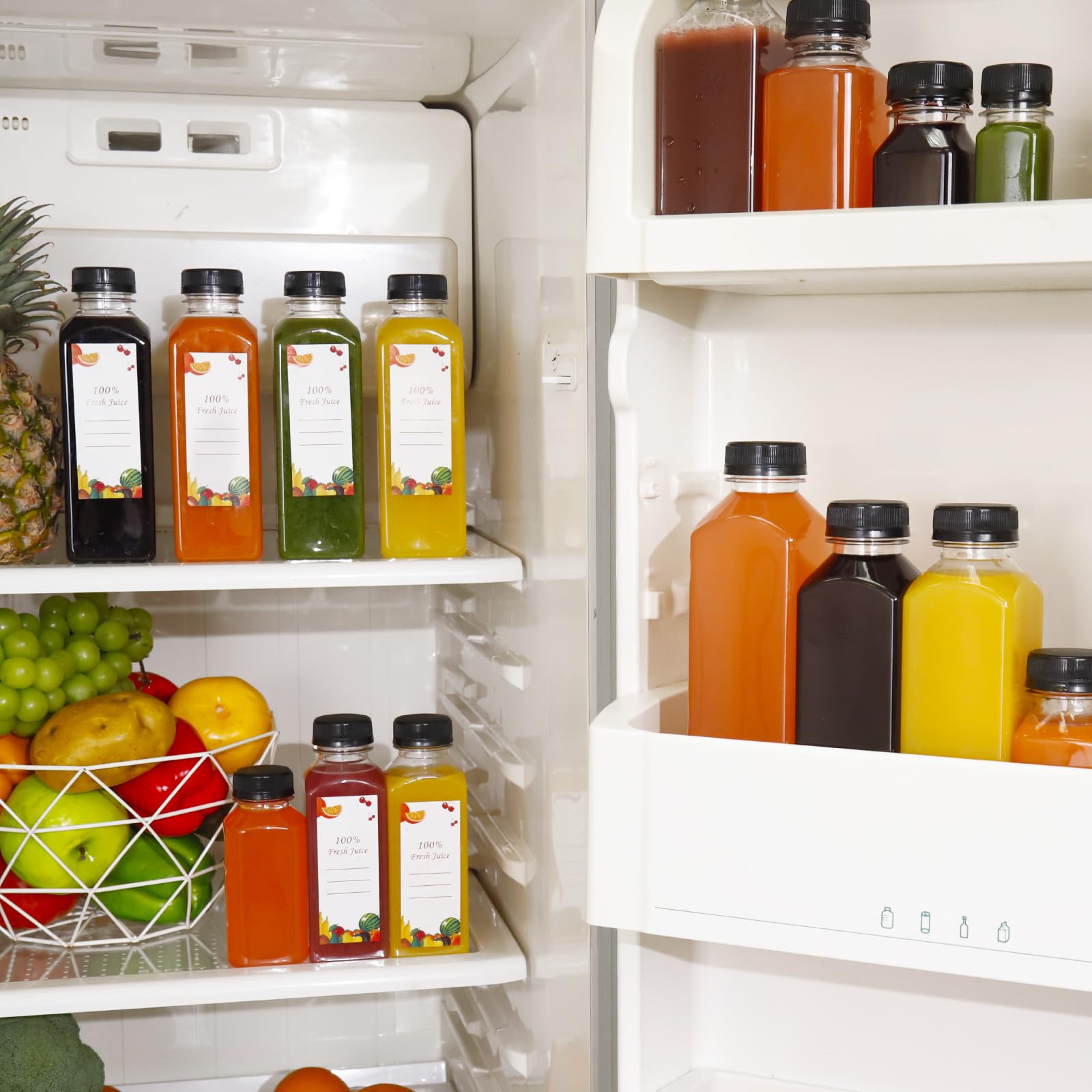 OBKJJ 80 botellas de jugo de plástico de 16 onzas, botella de jugo con tapas, botellas transparentes vacías reutilizables con etiqueta, embudo, cepillo, recipientes de bebidas a granel para jugos,