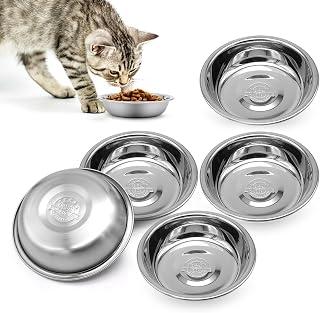 MicoSim Stainless Steel Shallow Cat Bowls Set of 5 - Whisker Friendly Wide Flat Design, Fatigue Relief for Elevated Stands, Dishwasher Safe